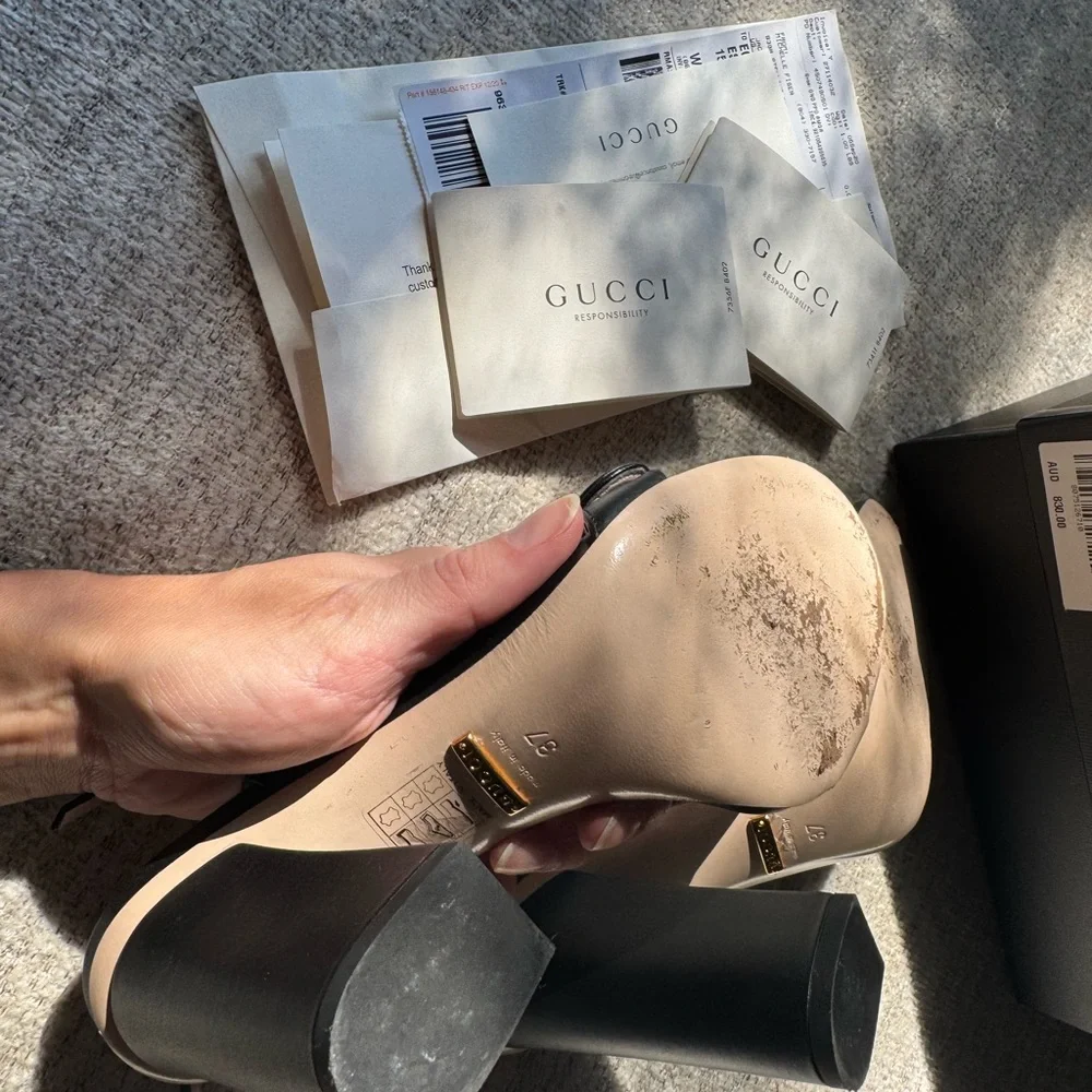Gucci Black Leather Double G Ankle-Strap Heels